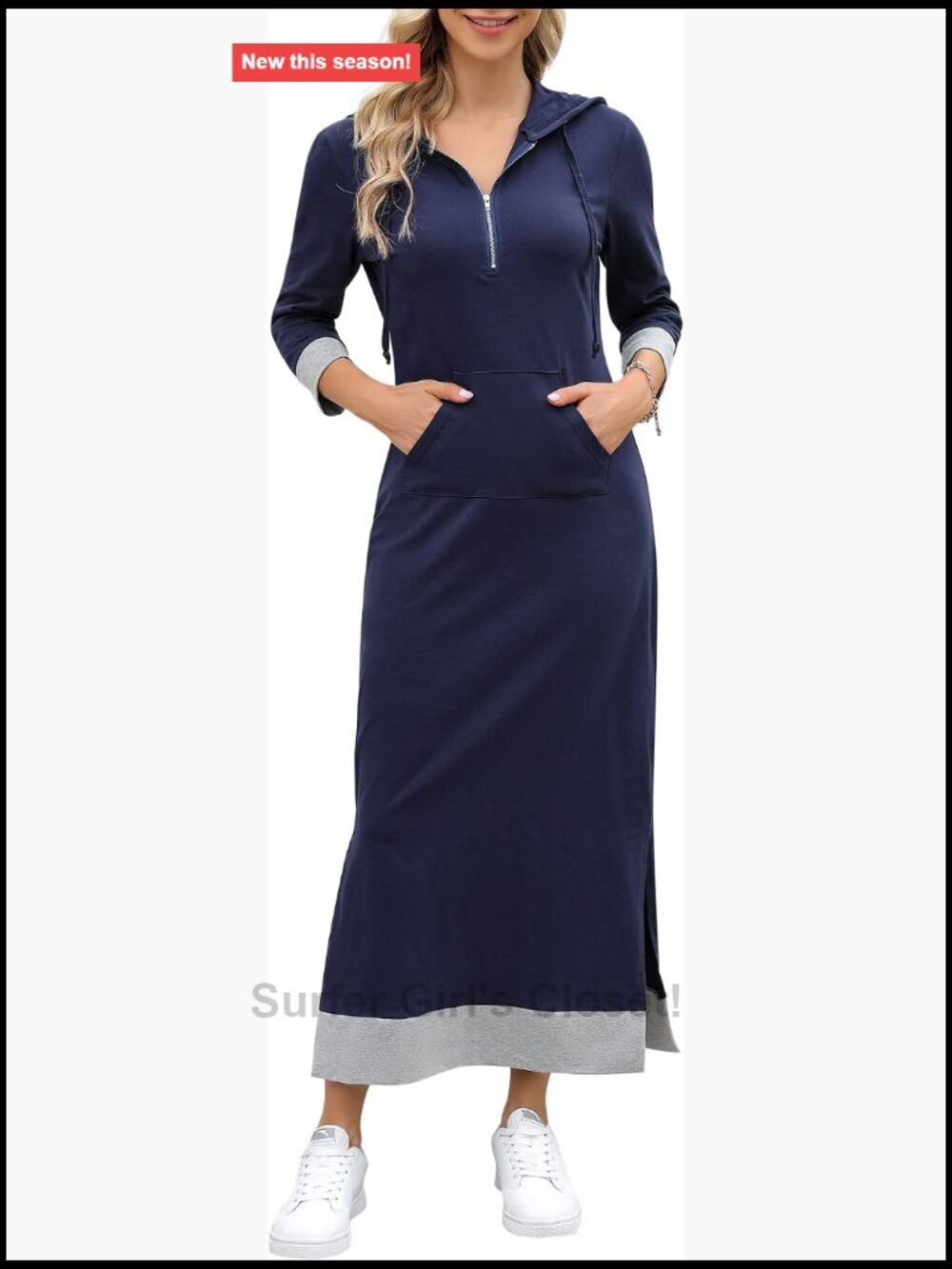 3/4 Sleeve Slim Hoodie Maxi Dress with Pockets